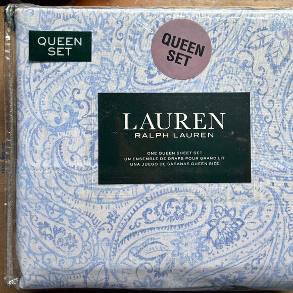 Ralph Lauren Blue Paisley Floral QUEEN Size Sheet Set 100% crisp percale cotton - Picture 1 of 4